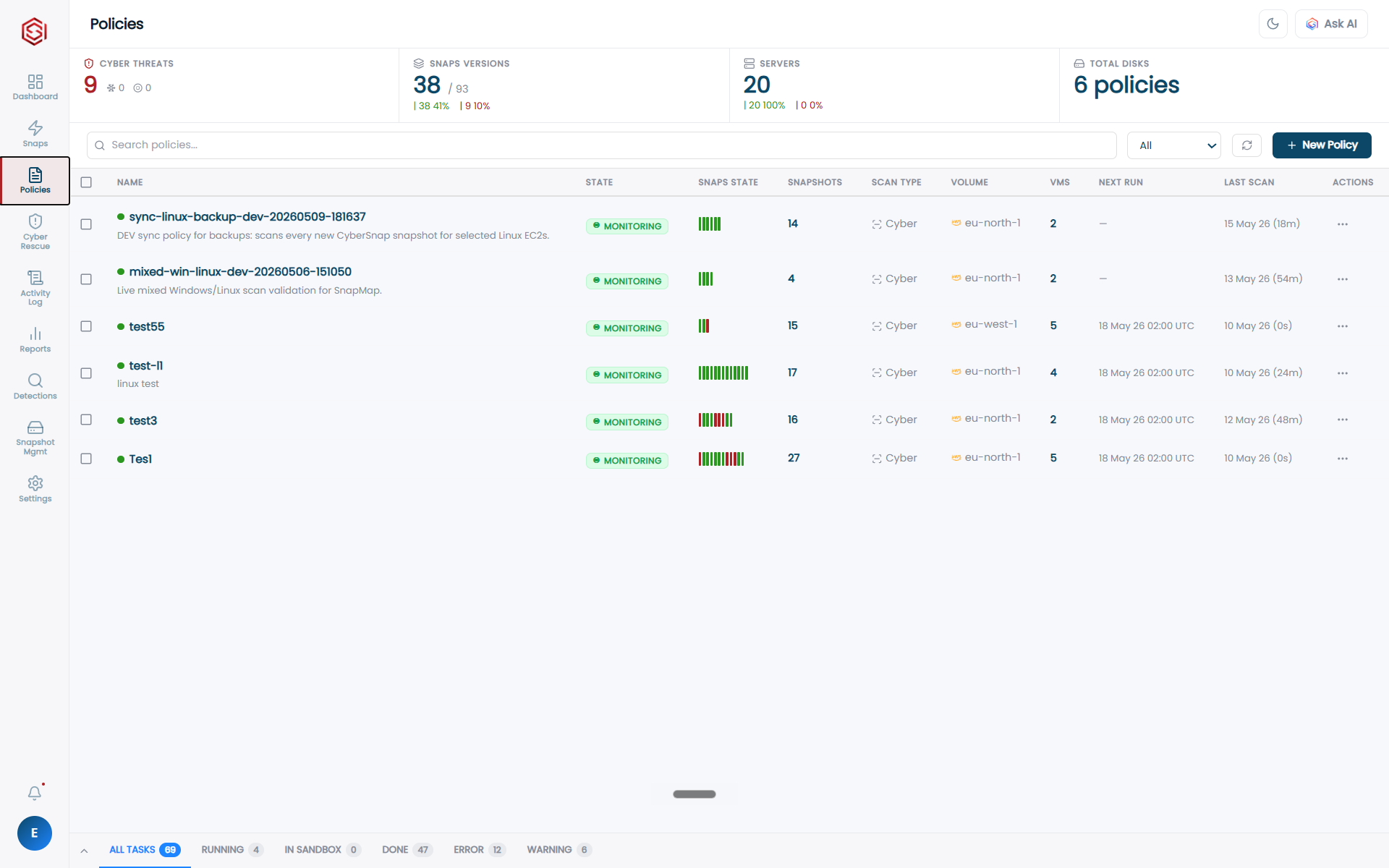 Cybersnap.io Policies, scan policies across customer environments